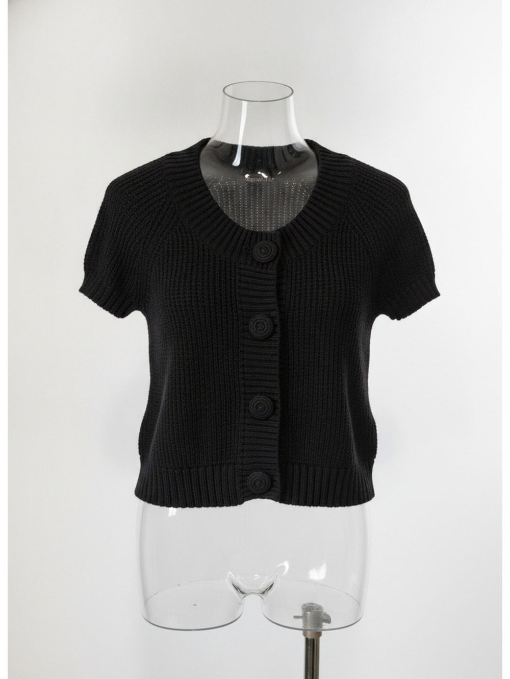 August Silk Coquette Preppy Black Knit Short Sleeve Button-Up Cardigan Size S